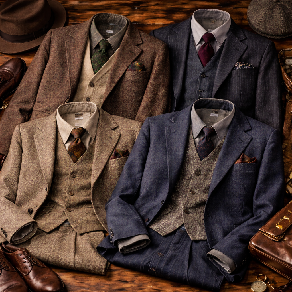 „Vintage Herrenanzüge im klassischen Retro Stil mit Sakko, Weste und Stoffhose“