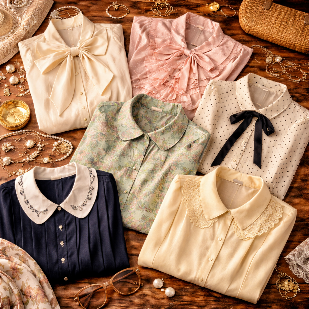 „Vintage Damenblusen und Retro Oberteile mit Rüschen, Schleifenkragen und klassischen Mustern“