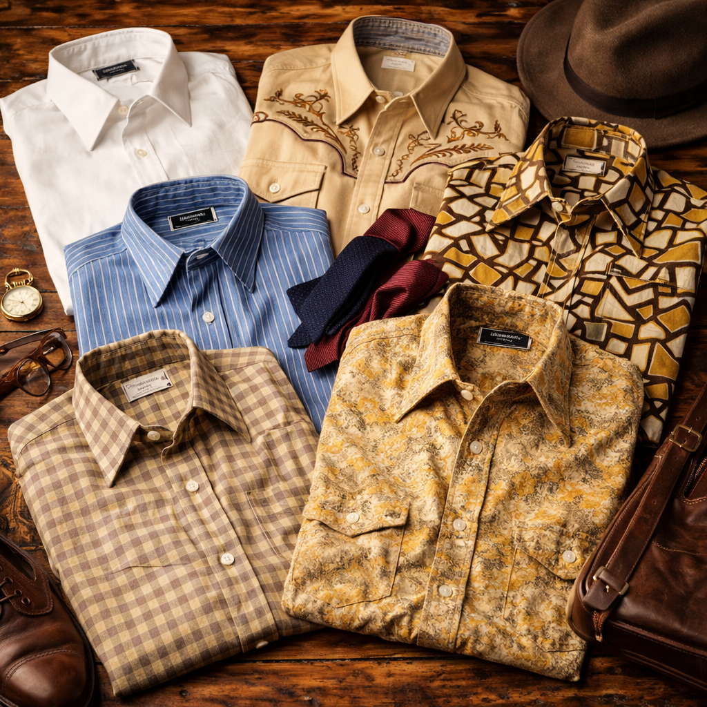„Vintage Herrenhemden im Retro Stil mit klassischen Kragen und Mustern“