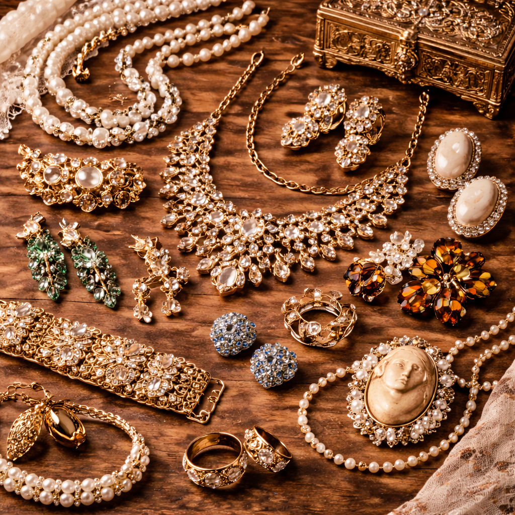 „Vintage Schmuck für Damen mit Retro Halsketten, Ohrringen und Broschen“