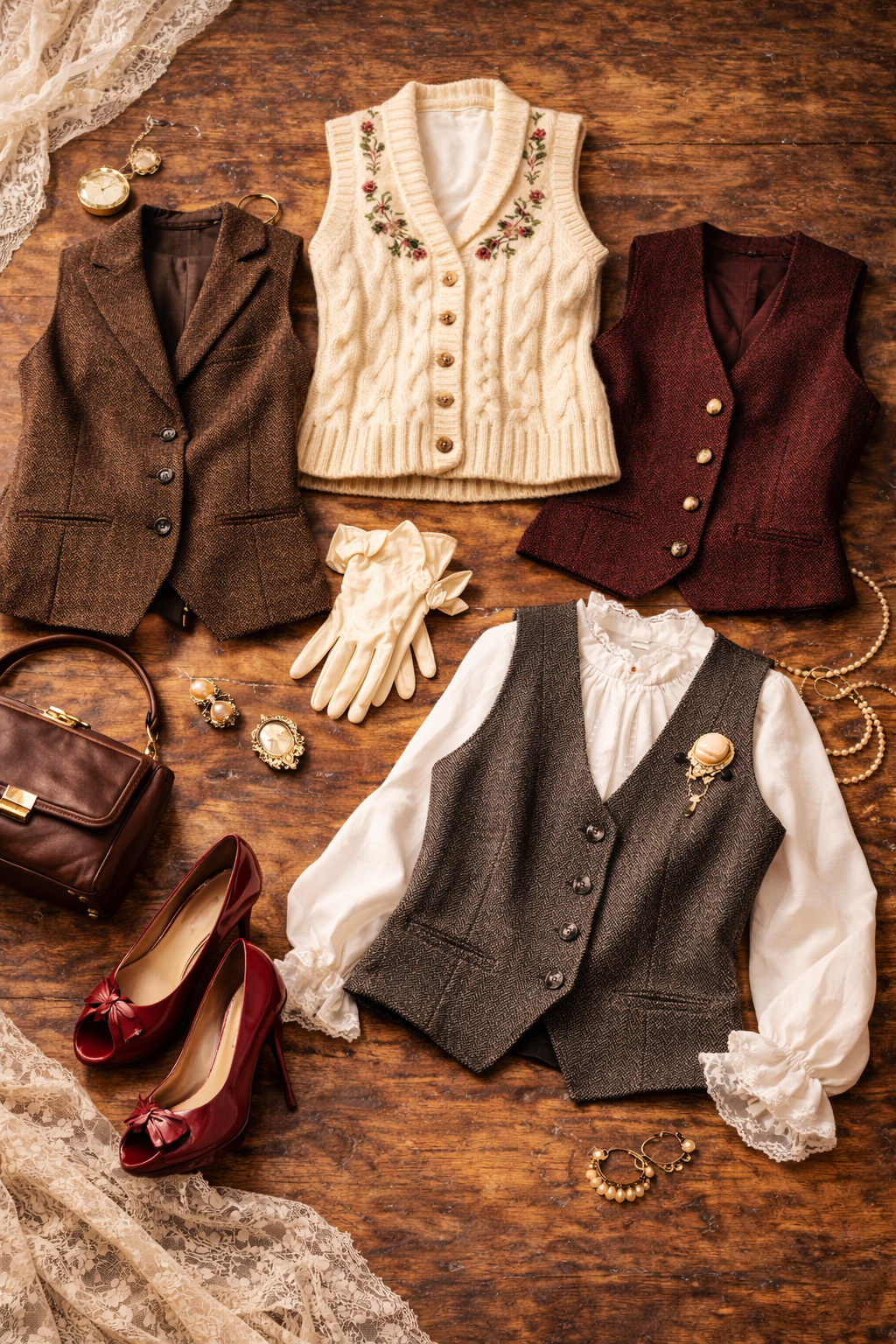 „Vintage Damen Westen aus Tweed und Strick im Retro Stil mit Bluse und Accessoires“
