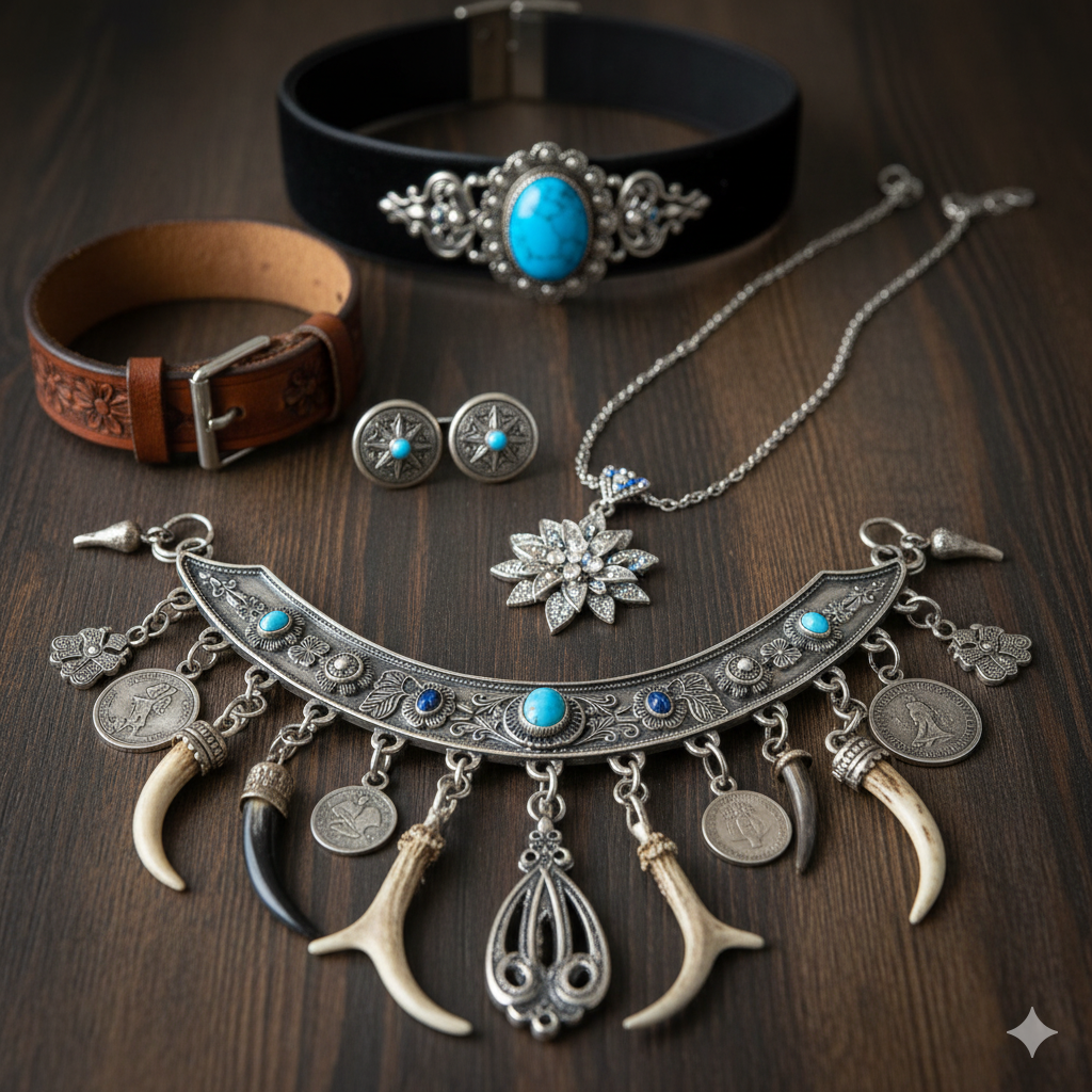 Trachtenschmuck mit einem Charivari, einem Kropfband, einer Trachtenkette mit Edelweißanhänger, Manschettenknöpfen und einem Armband, wieder auf einem Holzhintergrund.