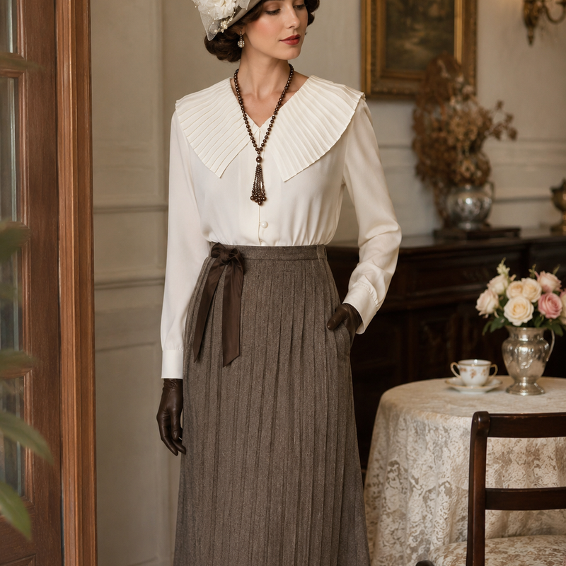 „Elegantes 1920er Damen Outfit mit weißer Bluse, Plisseekragen, langem Faltenrock, Cloche Hut und brauner Perlenkette im Downton Abbey Stil“