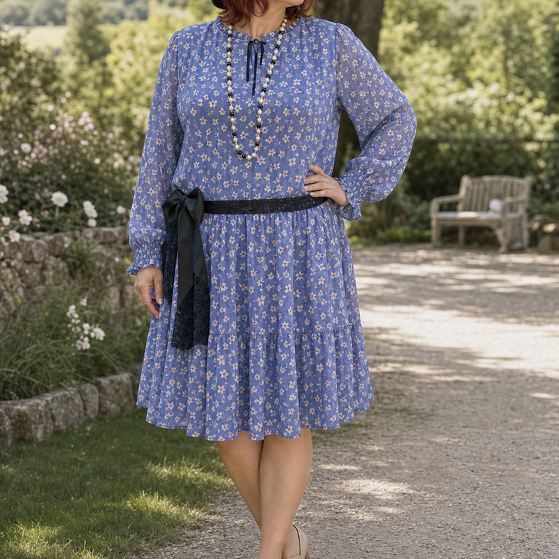 Plus-Size Dame in blauem 1920er Jahre Tageskleid Gr. 50 mit schwarzem Hut, Perlenkette und Schleife im Park