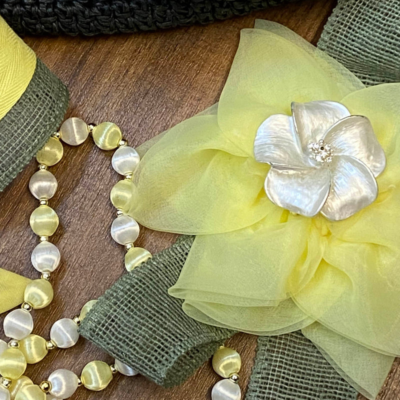 „Komplettes Damen-Outfit im Retro Gartenparty Stil mit gelbem Kleid, Hut, Handschuhen, Perlenkette und Blütengürtel Ansicht 1“