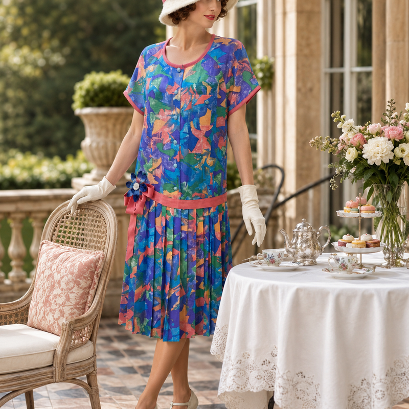 „1920er Tageskleid im Drop-Waist-Stil mit weißem Cloche Hut, Handschuhen und High-Tea-Szene im Downton Abbey Stil“