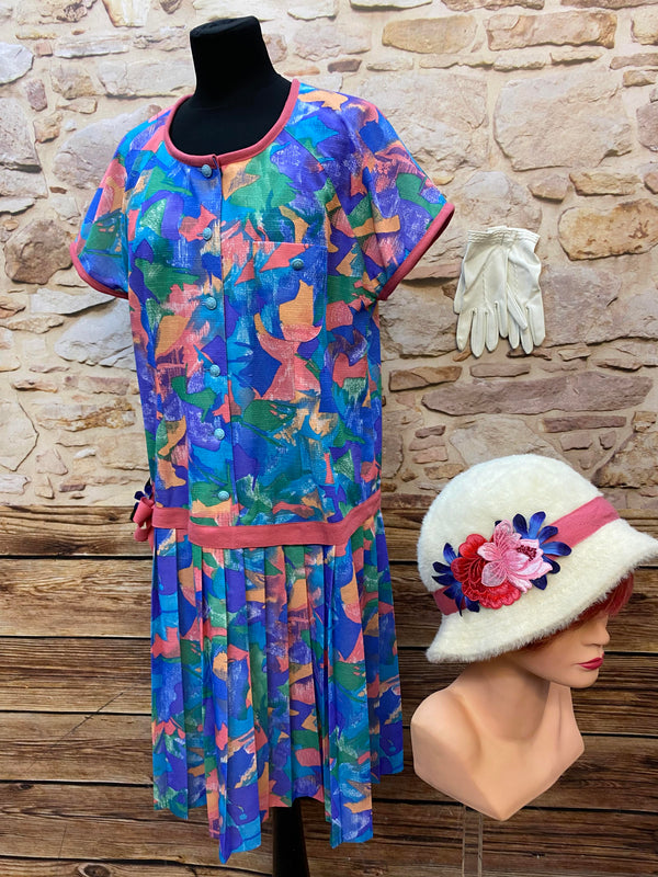 „1920er Tageskleid Drop Waist Set Größe 44 mit Hut und Handschuhen im Downton Abbey Stil“