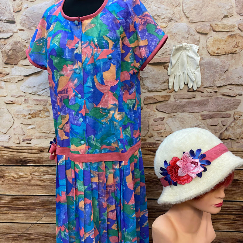 „1920er Tageskleid Drop Waist Set Größe 44 mit Hut und Handschuhen im Downton Abbey Stil“