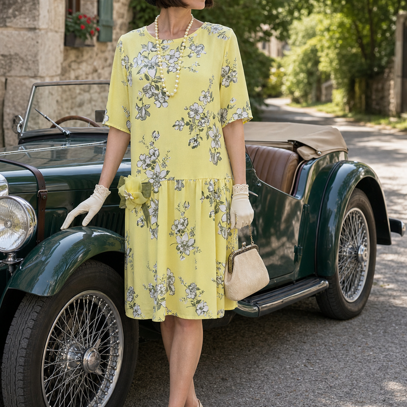 Model in gelbem 1920er Tageskleid Gr. 38 mit schwarzem Hut, Perlenkette und Handschuhen neben einem Oldtimer