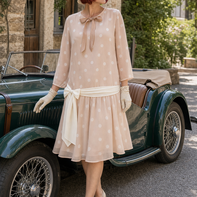 Model in rosebeigem 1920er Tageskleid Gr. 40 mit weissem Tupfenmuster, Hut und Handschuhen neben einem Oldtimer