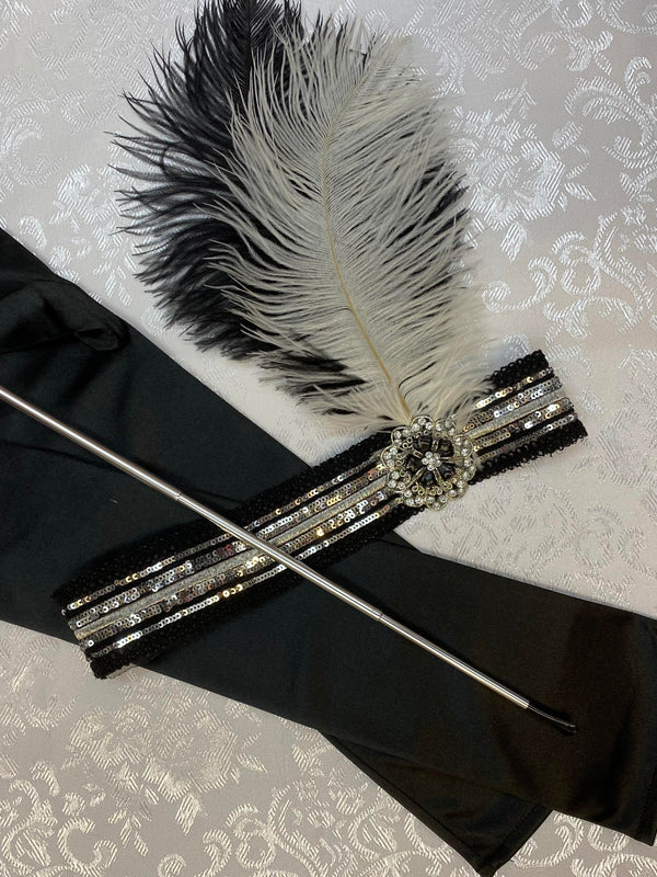 Charleston Gatsby Set für Damen schwarze lange Handschuhe, Kopfschmuck und silberne Zigarettenspitze