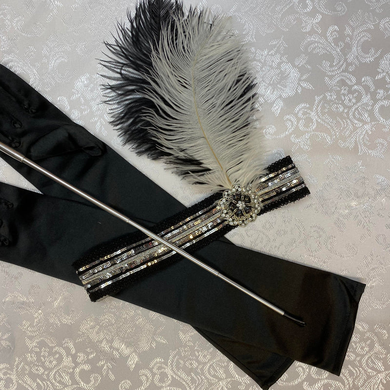 Charleston Gatsby Set für Damen schwarze lange Handschuhe, Kopfschmuck und silberne Zigarettenspitze