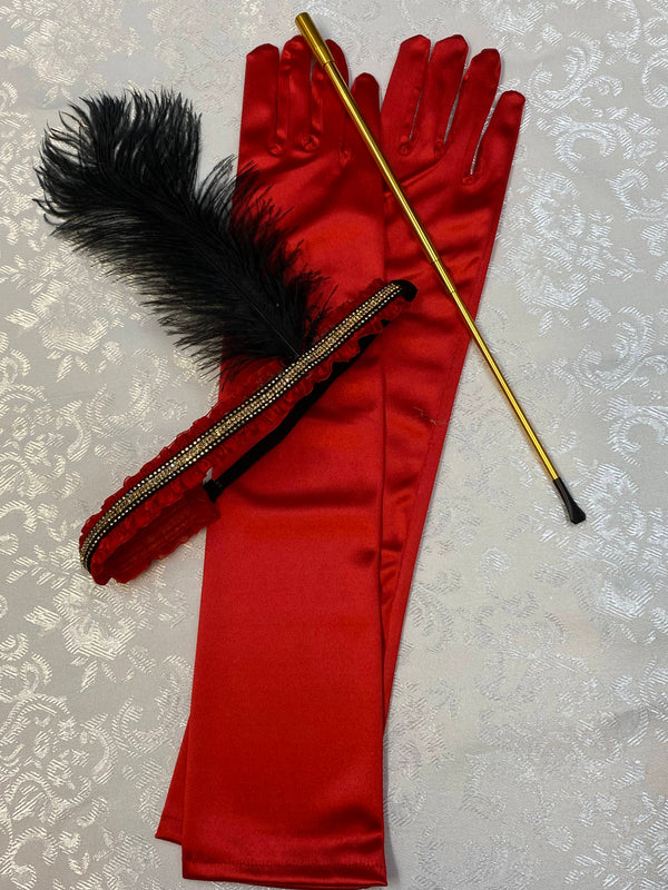 Charleston 20er Jahre Damen Set in Rot/Gold mit langen roten Handschuhen, Kopfschmuck und goldene Zigarettenspitze