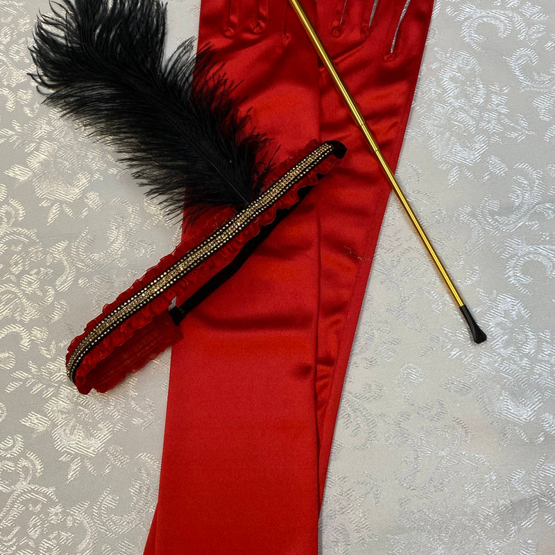 Charleston 20er Jahre Damen Set in Rot/Gold mit langen roten Handschuhen, Kopfschmuck und goldene Zigarettenspitze