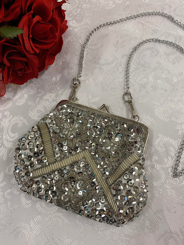 „Vintage Perlen Tasche 1920er Stil silber Pailletten Abendtasche Damen“