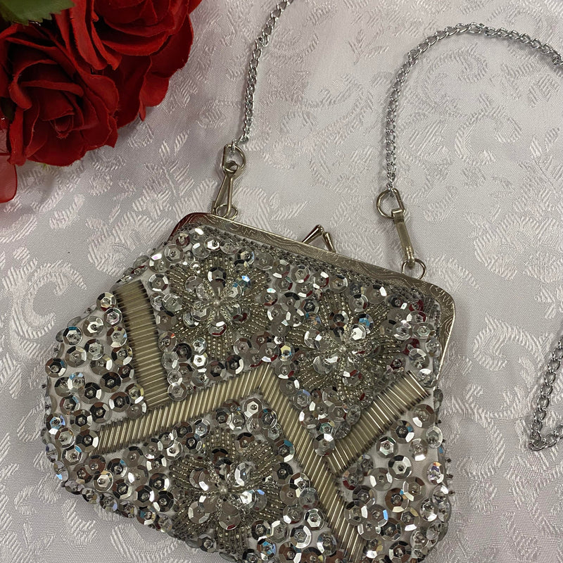 „Vintage Perlen Tasche 1920er Stil silber Pailletten Abendtasche Damen“