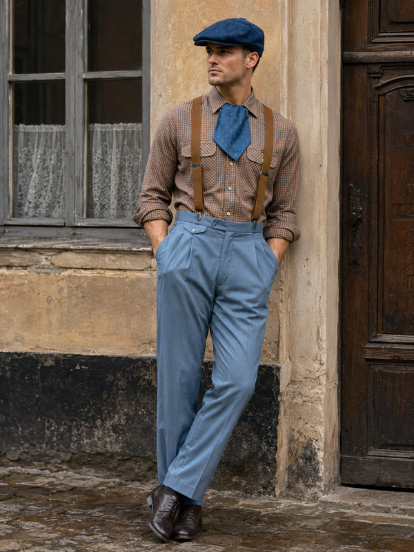 KI-generiertes Bild eines Herren-Outfits im 20er-Jahre-Stil mit karierter Wrangler-Hemdbluse, blaugrauer Hose, braunen Hosenträgern, blauer Schal-Krawatte und blauer Schiebermütze