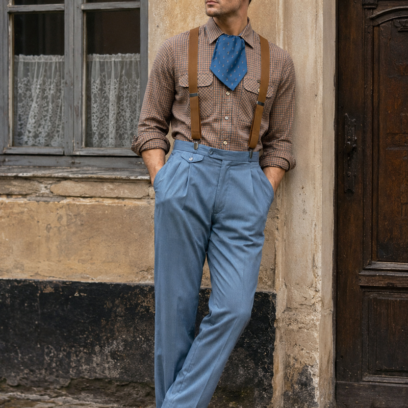 KI-generiertes Bild eines Herren-Outfits im 20er-Jahre-Stil mit karierter Wrangler-Hemdbluse, blaugrauer Hose, braunen Hosenträgern, blauer Schal-Krawatte und blauer Schiebermütze
