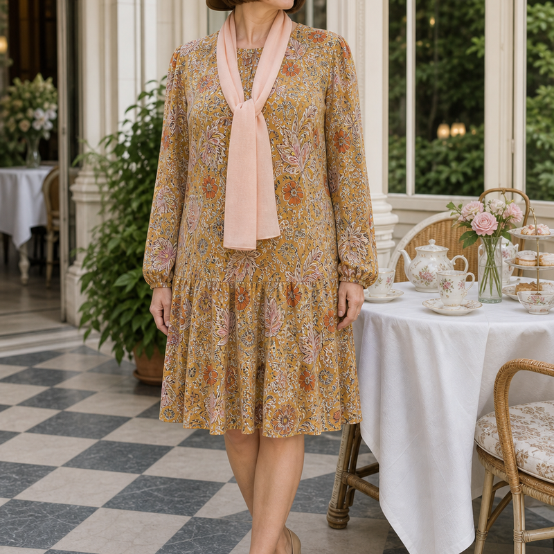 Dame in 20er High Tea Kleid Gr. 44 mit braunem Hut und rosafarbenem Schal in eleganter Teehaus-Umgebung