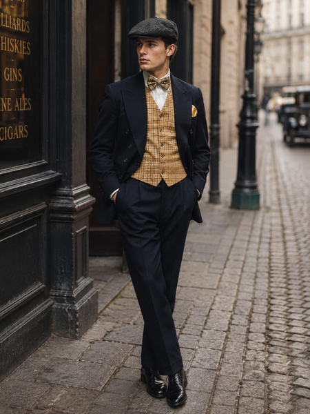„Peaky-Blinders-inspiriertes Herren Kostüm mit Anzug, Weste, Fliege und Schiebermütze“