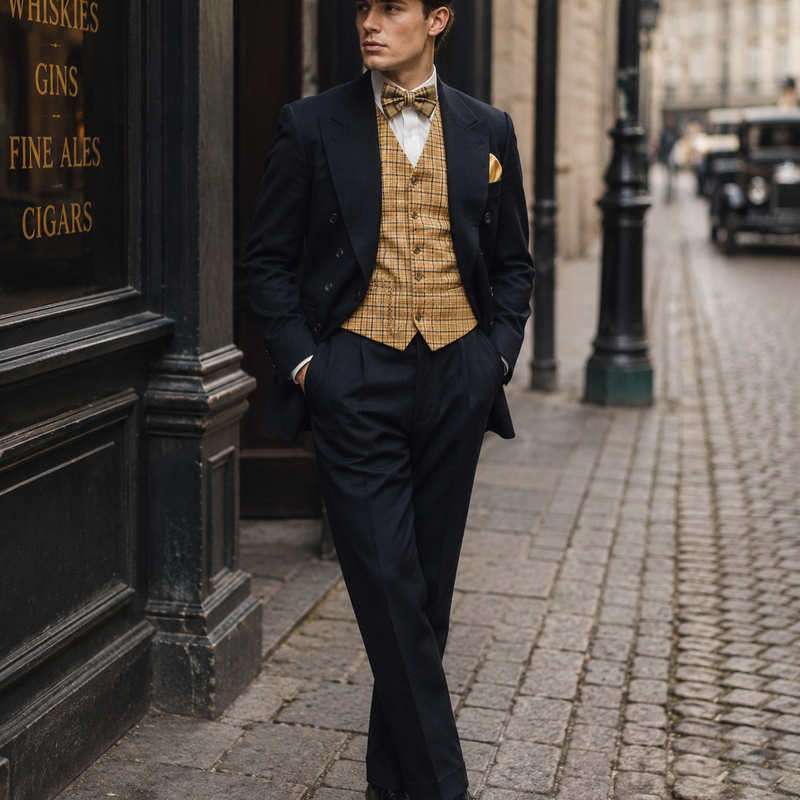 „Peaky-Blinders-inspiriertes Herren Kostüm mit Anzug, Weste, Fliege und Schiebermütze“