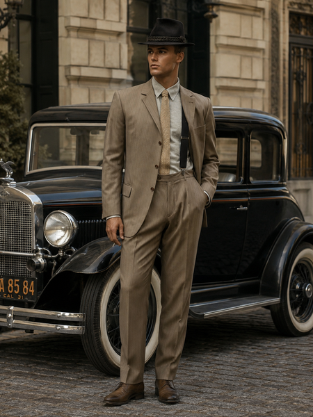 „Herr im 20er Jahre Vintage Anzug mit feinen Nadelstreifen, Hut, Strickkrawatte und Hosenträgern mit Oldtimer Auto.