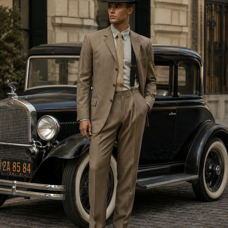 „Herr im 20er Jahre Vintage Anzug mit feinen Nadelstreifen, Hut, Strickkrawatte und Hosenträgern mit Oldtimer Auto.