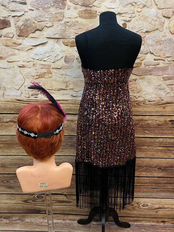 20er Jahre Charleston Kleid mit Pailletten & Fransen – Vintage Abendkleid, 2-teilig, Größe 34