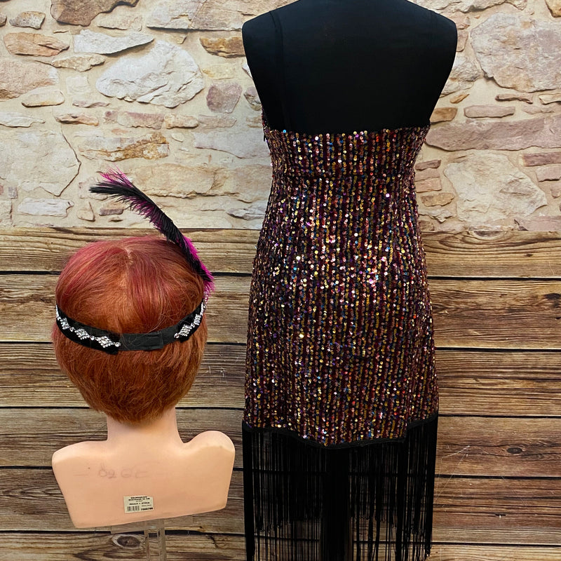 20er Jahre Charleston Kleid mit Pailletten & Fransen – Vintage Abendkleid, 2-teilig, Größe 34