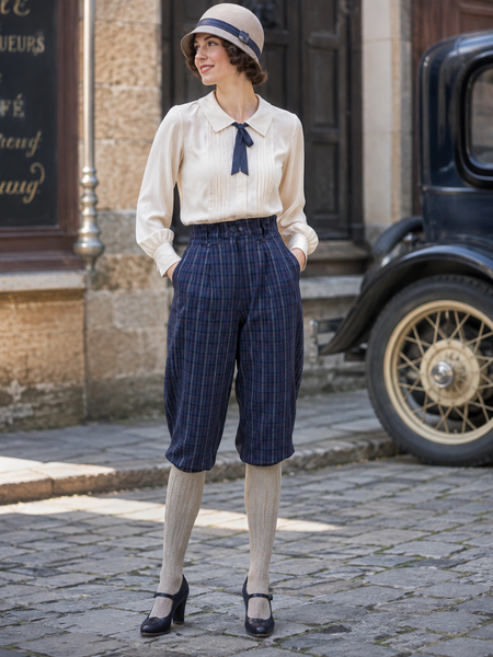 KI-generiert – Damen Outfit im 20er Jahre Stil mit echtem Modell in historischer Vintage-Umgebung