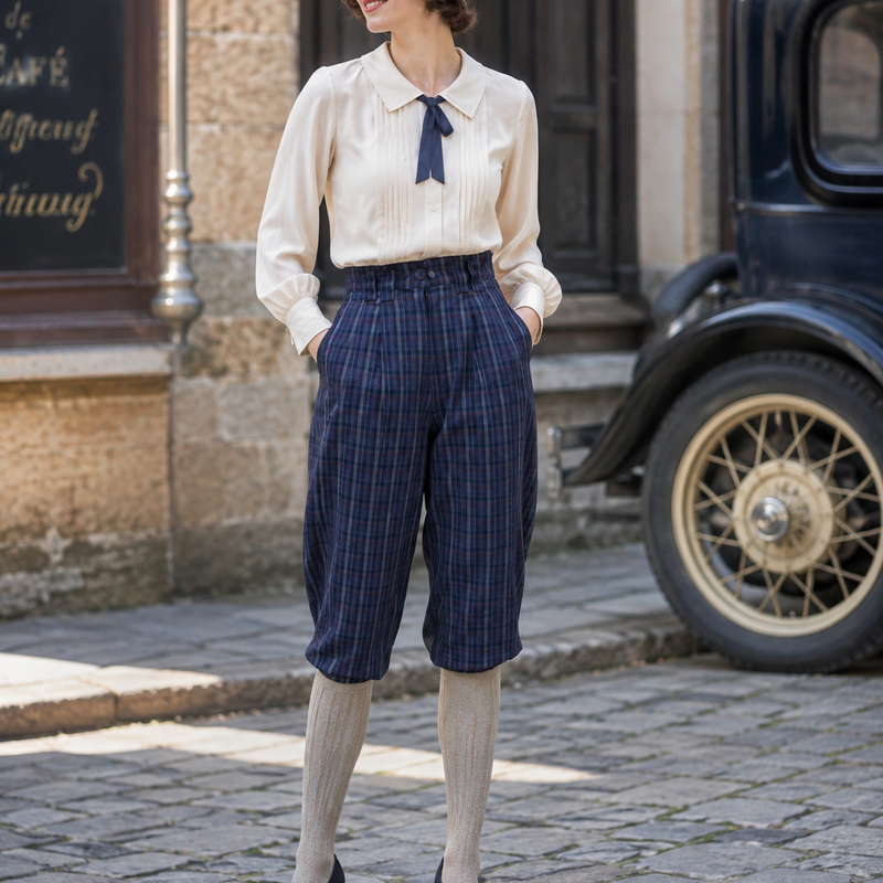 KI-generiert – Damen Outfit im 20er Jahre Stil mit echtem Modell in historischer Vintage-Umgebung