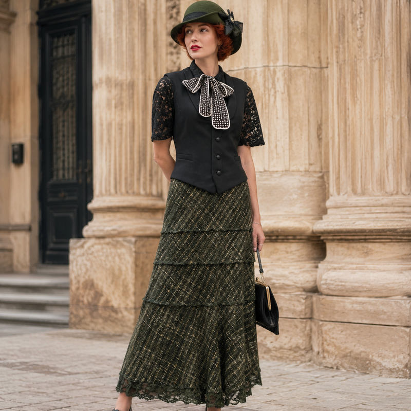 „Elegantes 20er Jahre Damen Outfit mit schwarzer Weste, Spitzenbluse, gemustertem Stufenrock und grünem Vintage Hut vor historischer Architektur“