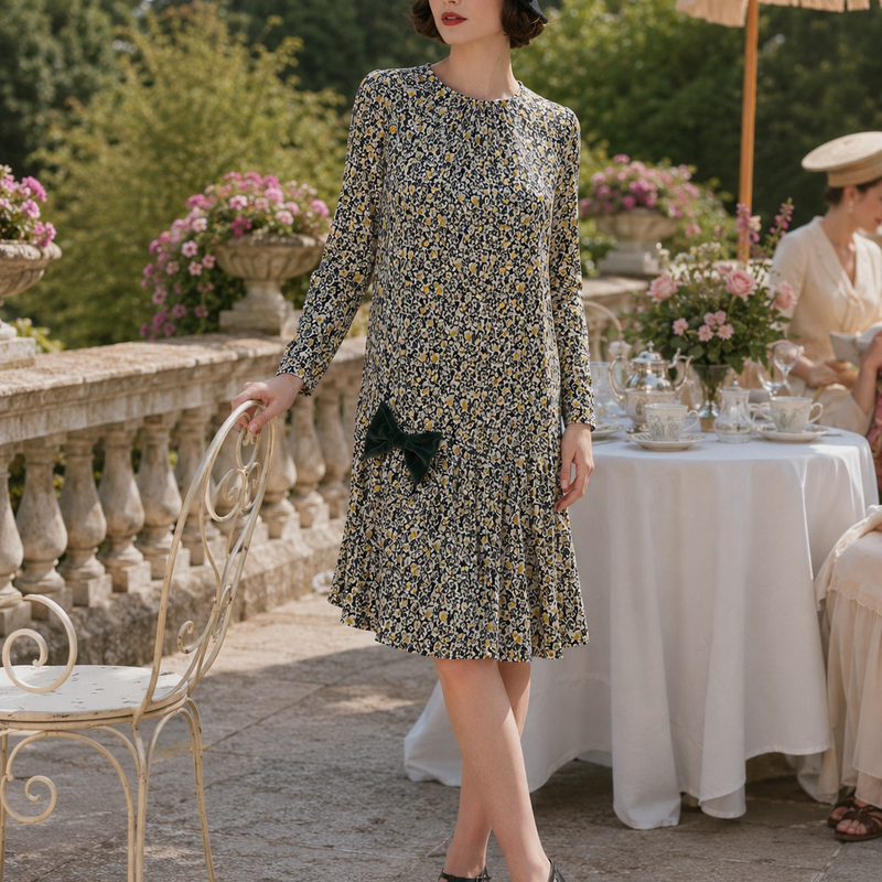 Vintage 20er Jahre Tageskleid mit floralem Muster, grüner Samtschleife und schwarzem Seeberger Wollhut am Model