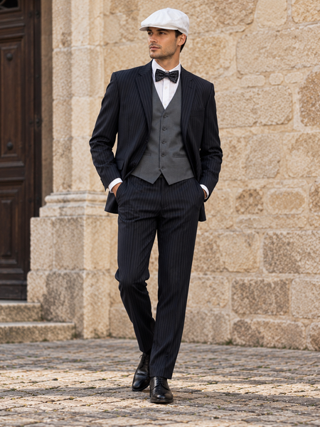 20er-Jahre-Gatsby-Outfit für Herren mit dunklem Nadelstreifenanzug, grauer Weste, weißem Hemd, gemusterter Fliege und weißer Schiebermütze. KI-generiertes Tragebeispiel
