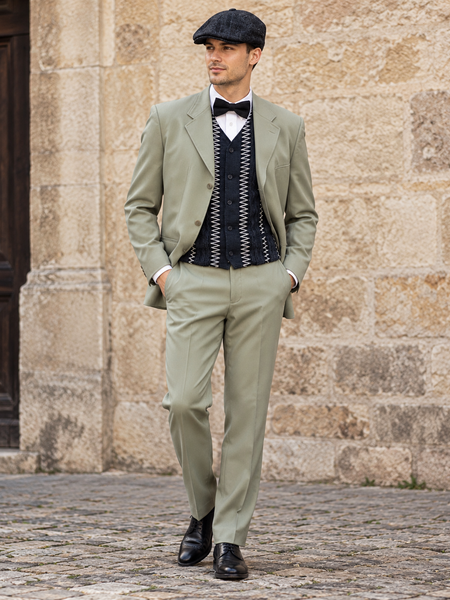 20er-Jahre-Gatsby-Outfit für Herren mit hellgraugrünem Vintage-Anzug, dunkler Weste, Fliege und Schiebermütze. KI-generiertes Tragebeispiel