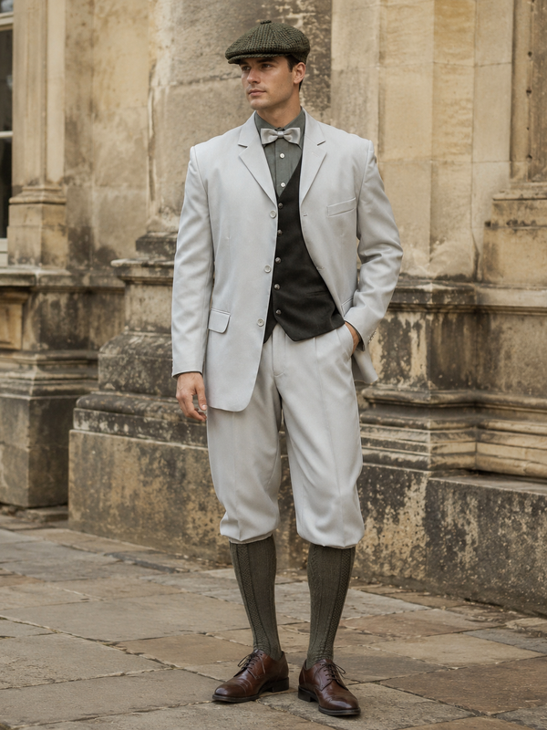 „Echtes Model im hellen 20er Jahre Gatsby Herren Outfit mit Weste, Schiebermütze, Fliege und Knickerbocker vor historischer Fassade“