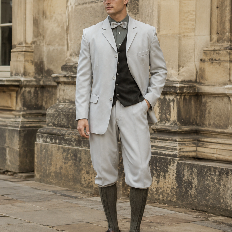 „Echtes Model im hellen 20er Jahre Gatsby Herren Outfit mit Weste, Schiebermütze, Fliege und Knickerbocker vor historischer Fassade“