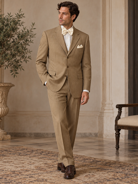 20er Jahre Herren Anzug Vintage Roy Robson Gr. 102 in Beige mit Nadelstreifen, weißer Fliege und Einstecktuch am Model