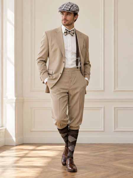 20er Jahre Herren Knickerbocker Outfit beige mit Schiebermütze und Hosenträgern