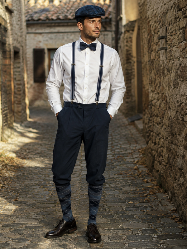 KI-generiertes Bild eines Herren in einem Vintage-Knickerbocker-Outfit mit weißem Hemd, dunkelblauer Fliege, Hosenträgern, karierter Schiebermütze und gemusterten Kniestrümpfen