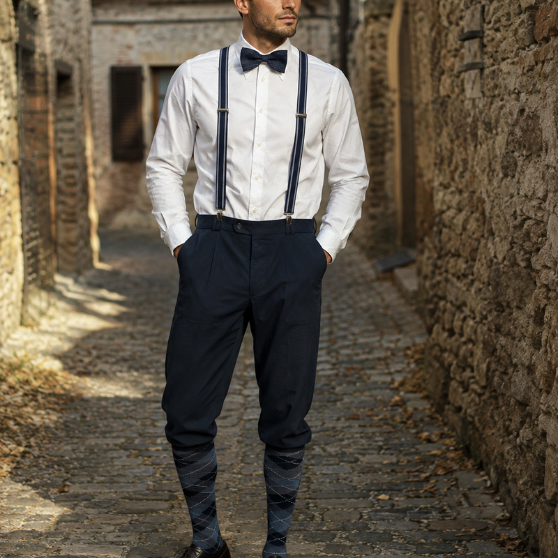 KI-generiertes Bild eines Herren in einem Vintage-Knickerbocker-Outfit mit weißem Hemd, dunkelblauer Fliege, Hosenträgern, karierter Schiebermütze und gemusterten Kniestrümpfen