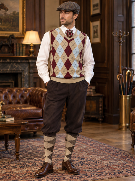KI-Tragebeispiel 20er Jahre Herren Knickerbocker Outfit Gr. 50 mit Argyle Pullunder, Schiebermütze und Rautenstrümpfen