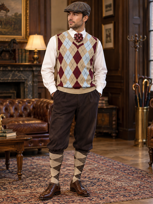 KI-Tragebeispiel 20er Jahre Herren Knickerbocker Outfit Gr. 50 mit Argyle Pullunder, Schiebermütze und Rautenstrümpfen