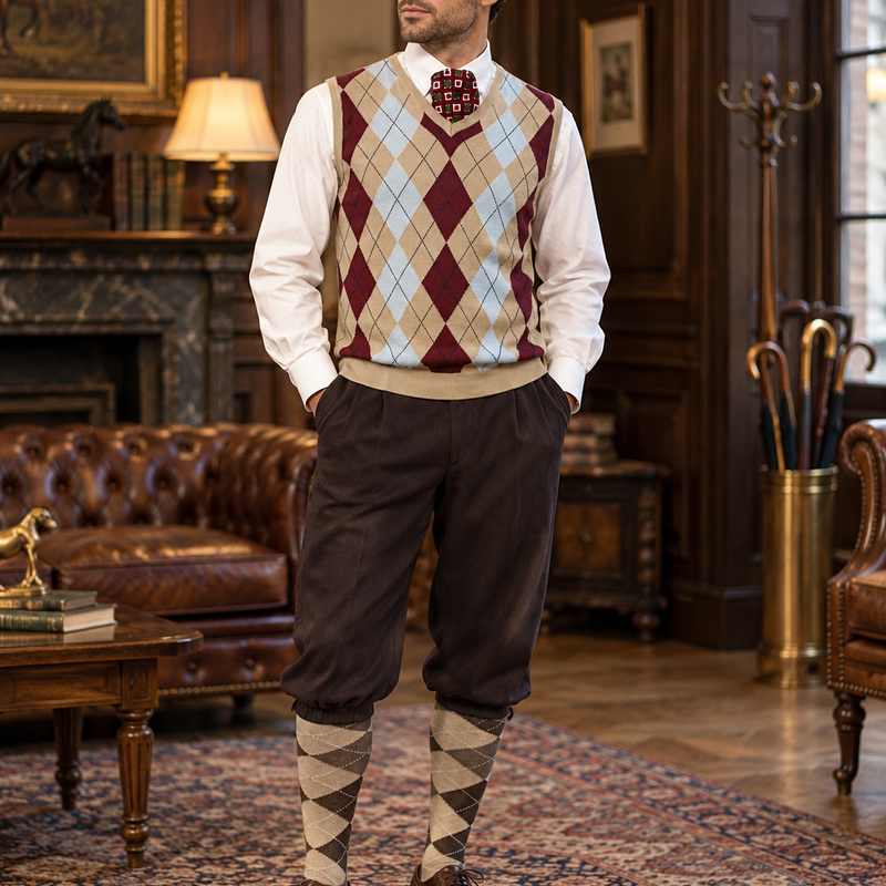 KI-Tragebeispiel 20er Jahre Herren Knickerbocker Outfit Gr. 50 mit Argyle Pullunder, Schiebermütze und Rautenstrümpfen