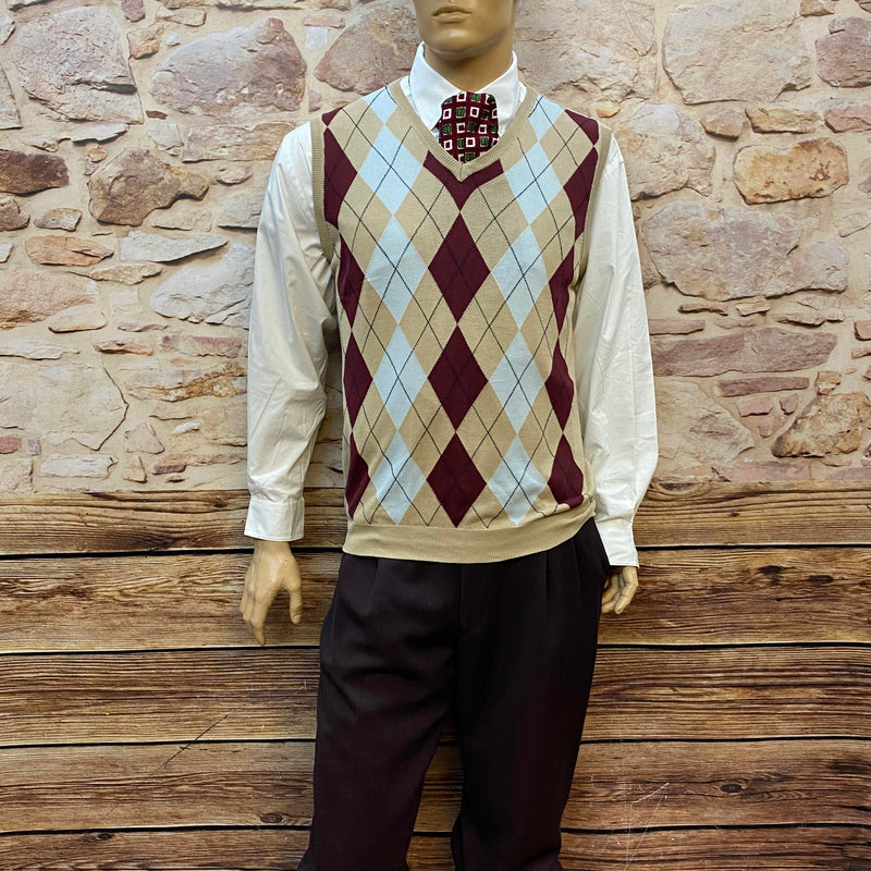 20er Jahre Herren Knickerbocker Outfit Gr. 50 mit Argyle Pullunder Schiebermütze und bordeauxfarbener Kniebundhose