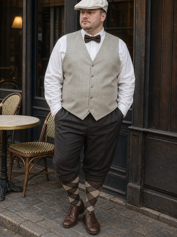 Etwas fülliger Mann im 20er-Jahre-Herrenkostüm mit beiger Weste, weißem Hemd, Schiebermütze, Knickerbockerhose und braun-beigen Rautenstrümpfen vor einem Café.