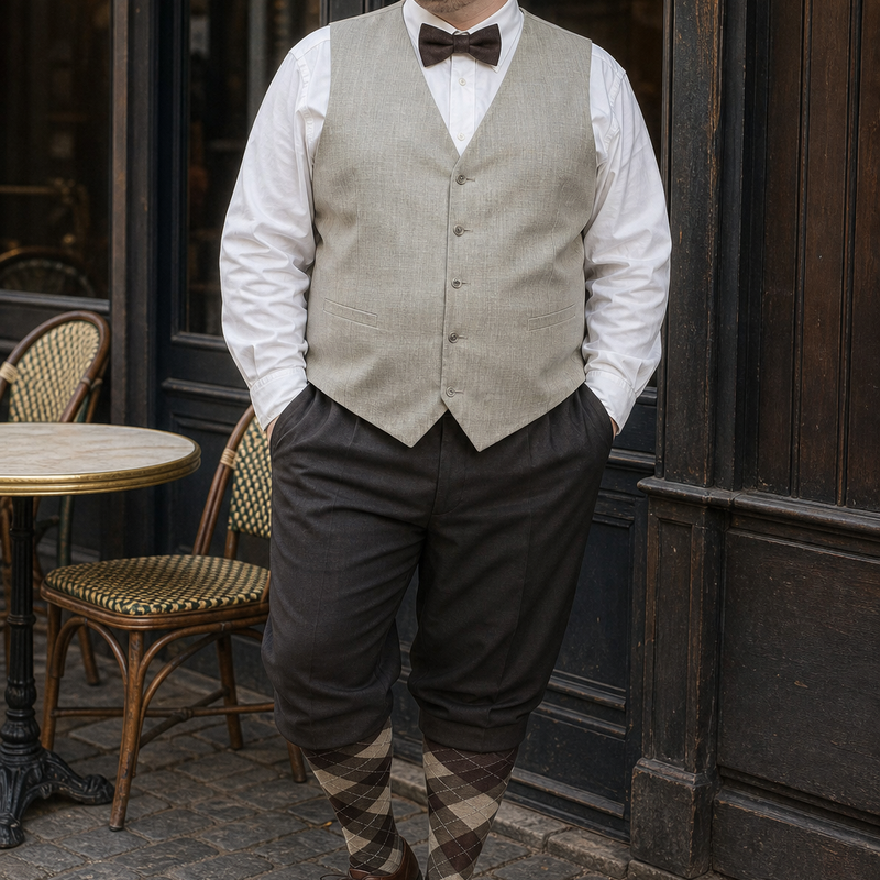 Etwas fülliger Mann im 20er-Jahre-Herrenkostüm mit beiger Weste, weißem Hemd, Schiebermütze, Knickerbockerhose und braun-beigen Rautenstrümpfen vor einem Café.