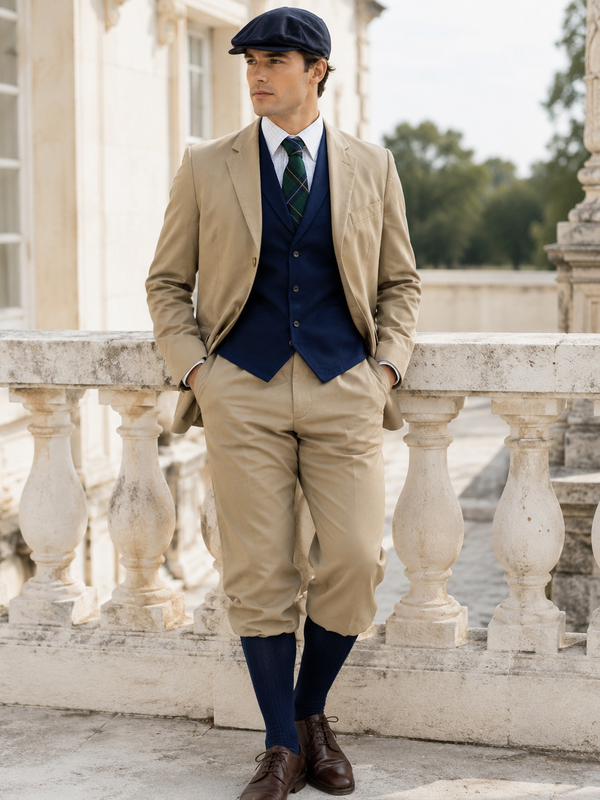 „Vintage 20er Jahre Sommerlook für Herren mit beigem Anzug, blauer Weste, Knickerbocker Hose und Schiebermütze in historischer Kulisse“