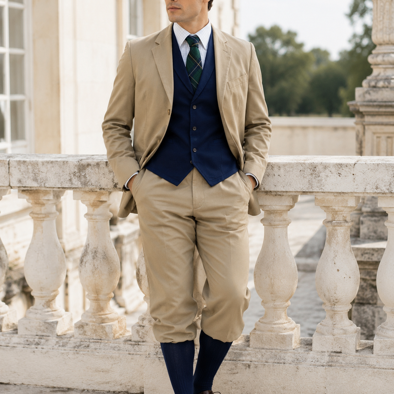 „Vintage 20er Jahre Sommerlook für Herren mit beigem Anzug, blauer Weste, Knickerbocker Hose und Schiebermütze in historischer Kulisse“