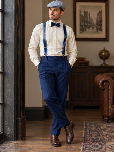 20er Jahre Herren Outfit blau mit Hosenträgern, Fliege und Schiebermütze